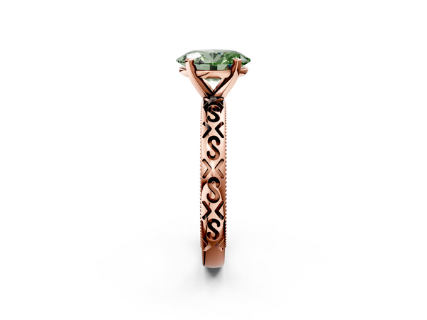 Rose gold Fancy Green Oval  Solitaire Engagement Ring with Scrollwork Band and Four-Prong Setting