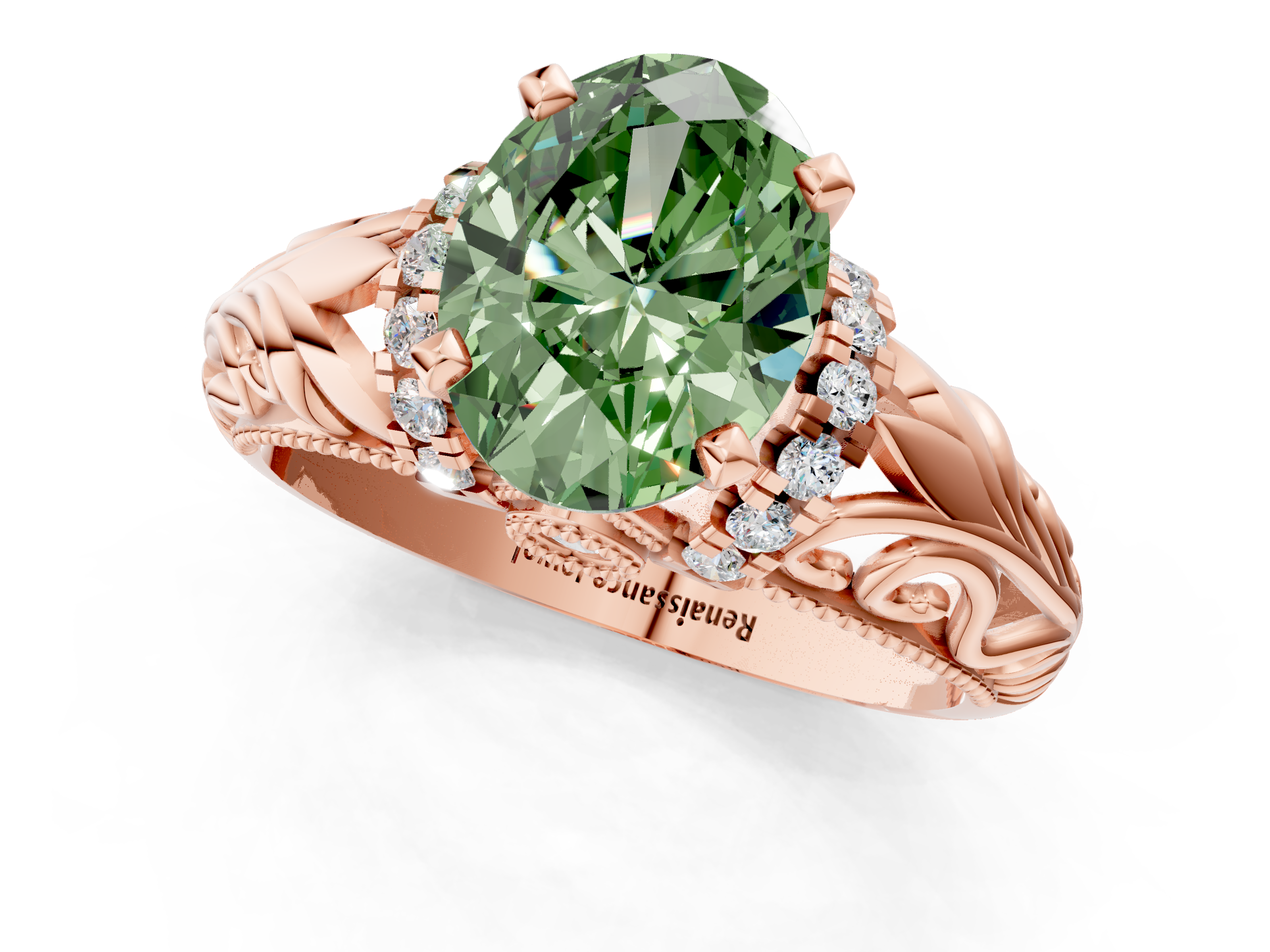 Rose gold Fancy Green Oval  Solitaire Filigree Engagement Ring with Halo and Prong Setting_51