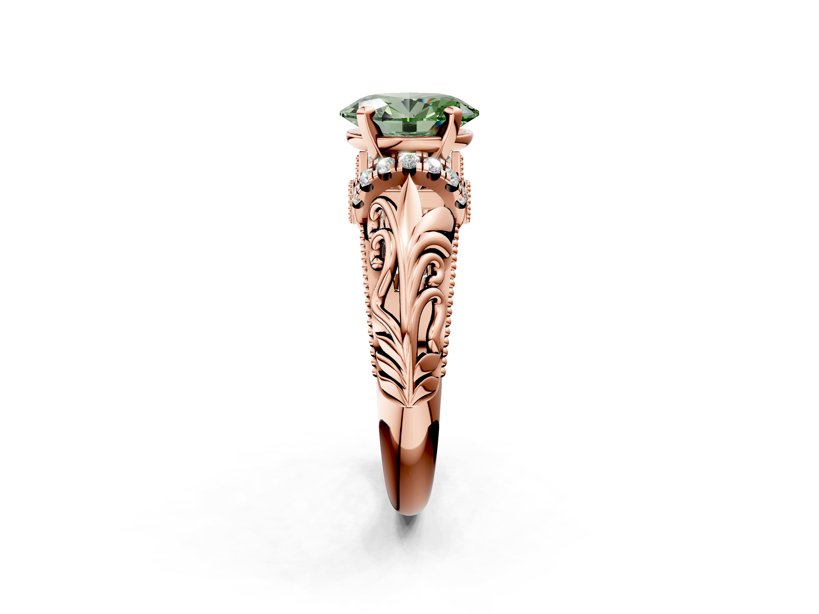 Rose gold Fancy Green Oval  Solitaire Filigree Engagement Ring with Halo and Prong Setting_52
