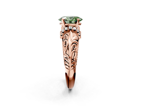 Rose gold Fancy Green Oval  Solitaire Filigree Engagement Ring with Halo and Prong Setting_52