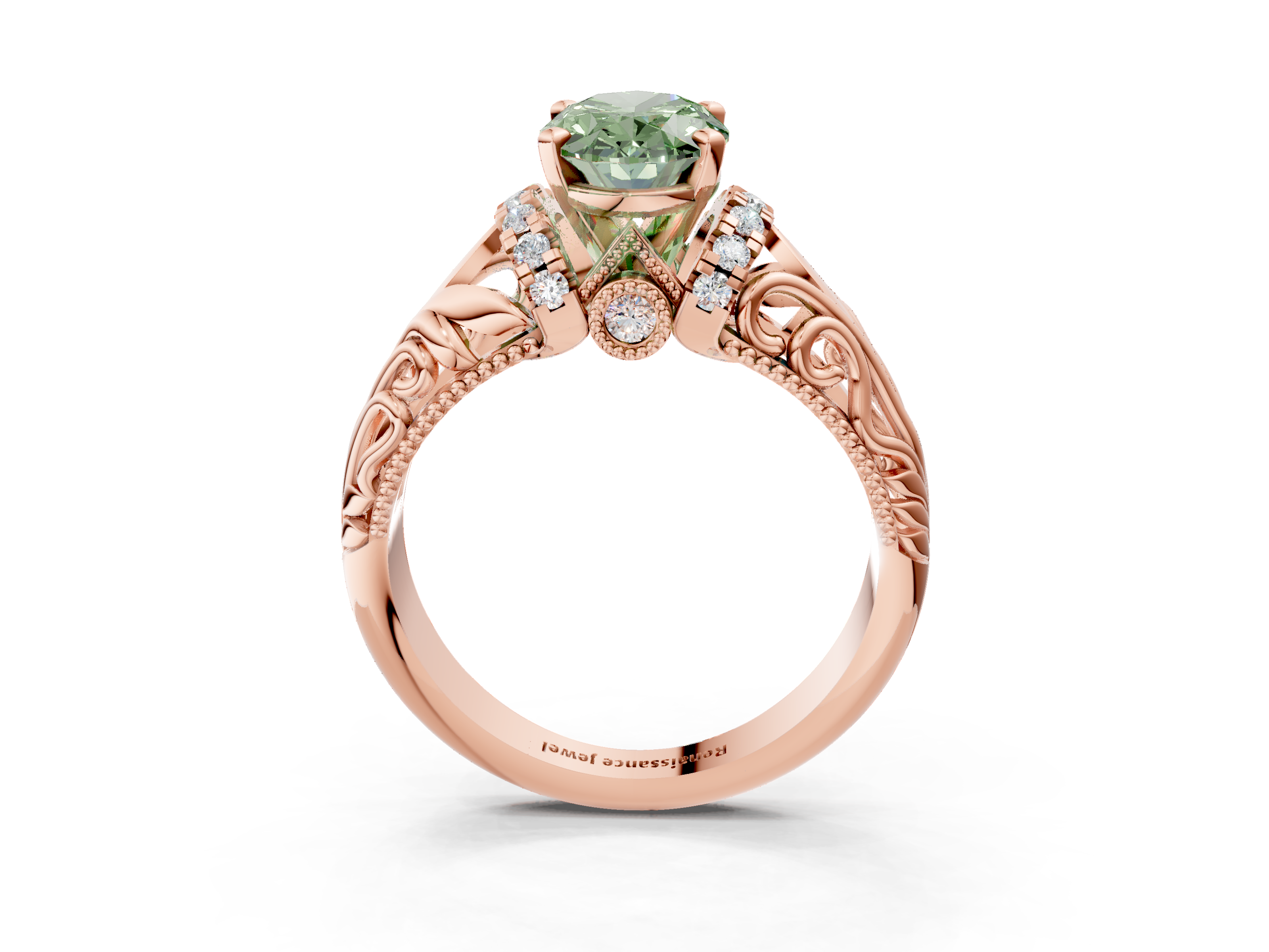 Rose gold Fancy Green Oval  Solitaire Filigree Engagement Ring with Halo and Prong Setting_53