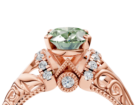 Rose gold Fancy Green Oval  Solitaire Filigree Engagement Ring with Halo and Prong Setting_54