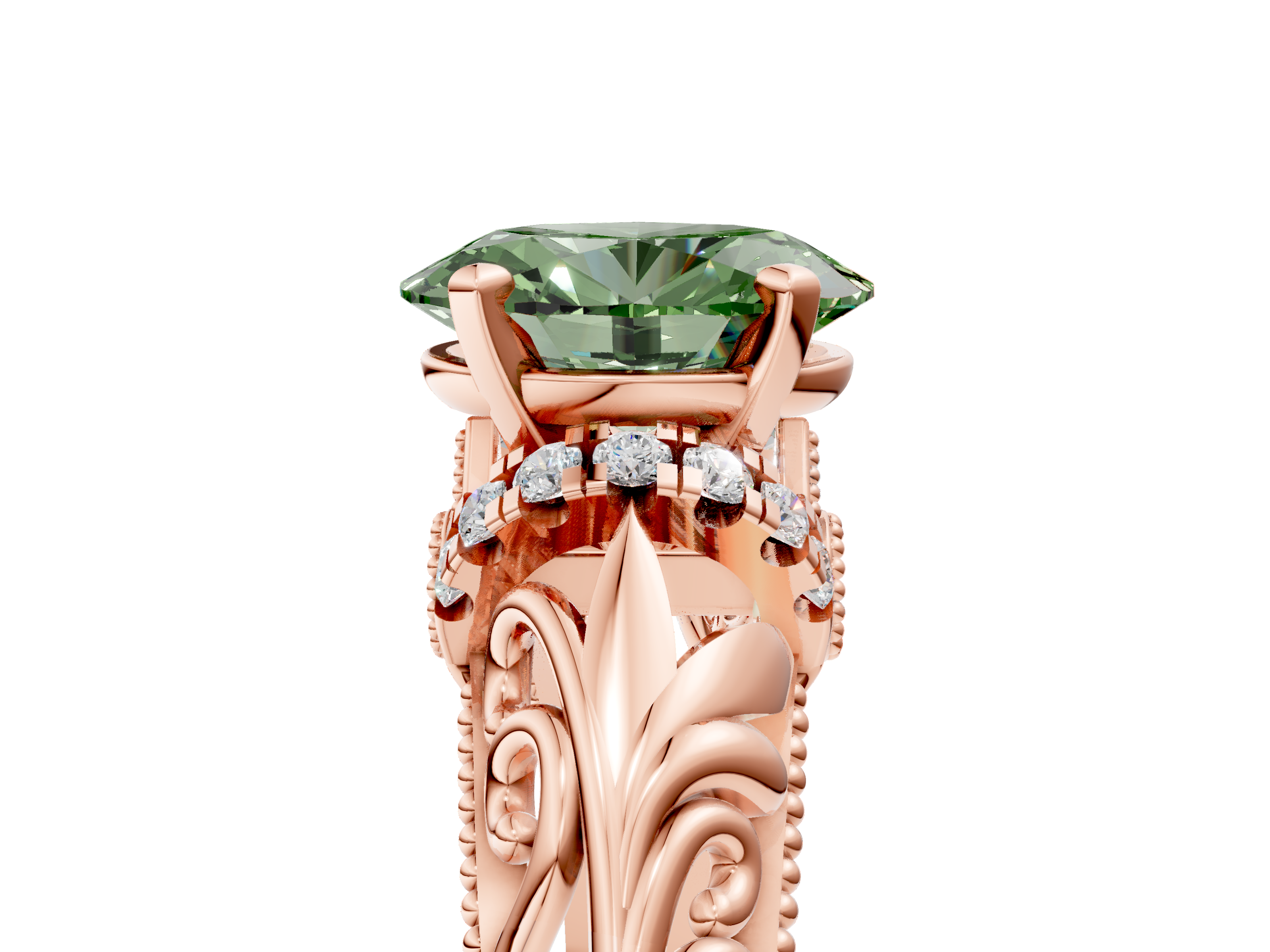 Rose gold Fancy Green Oval  Solitaire Filigree Engagement Ring with Halo and Prong Setting_55