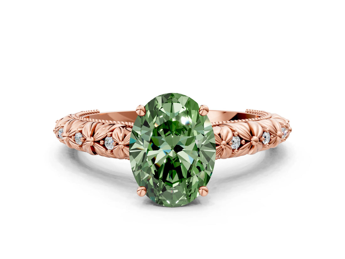 Rose gold Fancy Green Oval  Solitaire Floral Milgrain Engagement Ring_30
