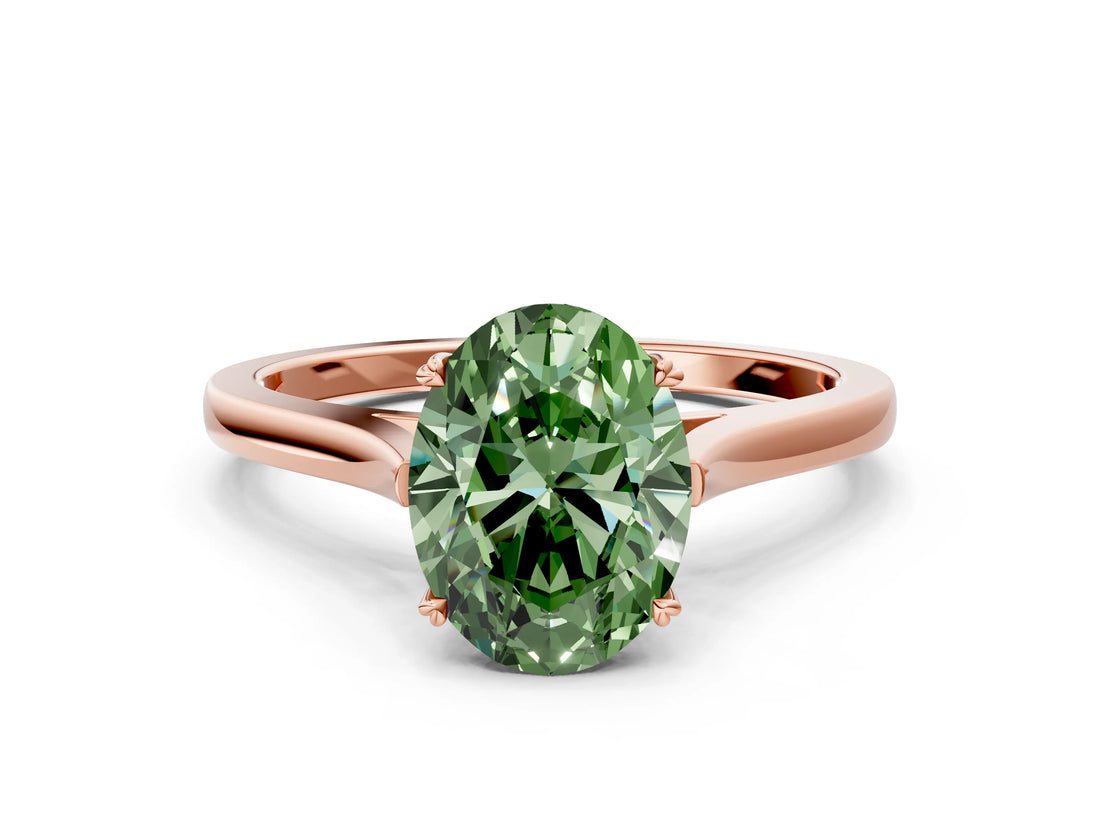 Rose gold Fancy Green Oval  Solitaire Heart Prong Engagement Ring with Tapered Band_55