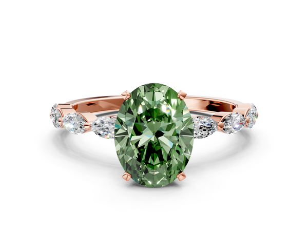 Rose gold Fancy Green Oval Cut Diamond Ring with Marquise Side Stones and Prong Setting