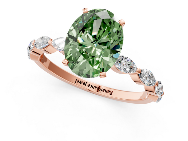 Rose gold Fancy Green Oval Cut Diamond Ring with Marquise Side Stones and Prong Setting