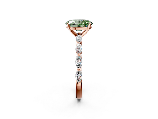 Rose gold Fancy Green Oval Cut Diamond Ring with Marquise Side Stones and Prong Setting