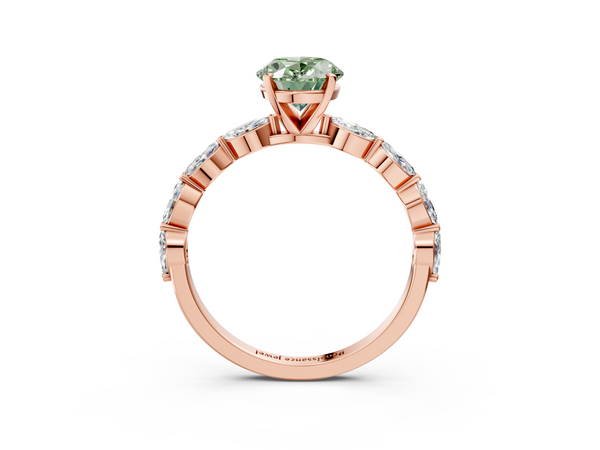 Rose gold Fancy Green Oval Cut Diamond Ring with Marquise Side Stones and Prong Setting