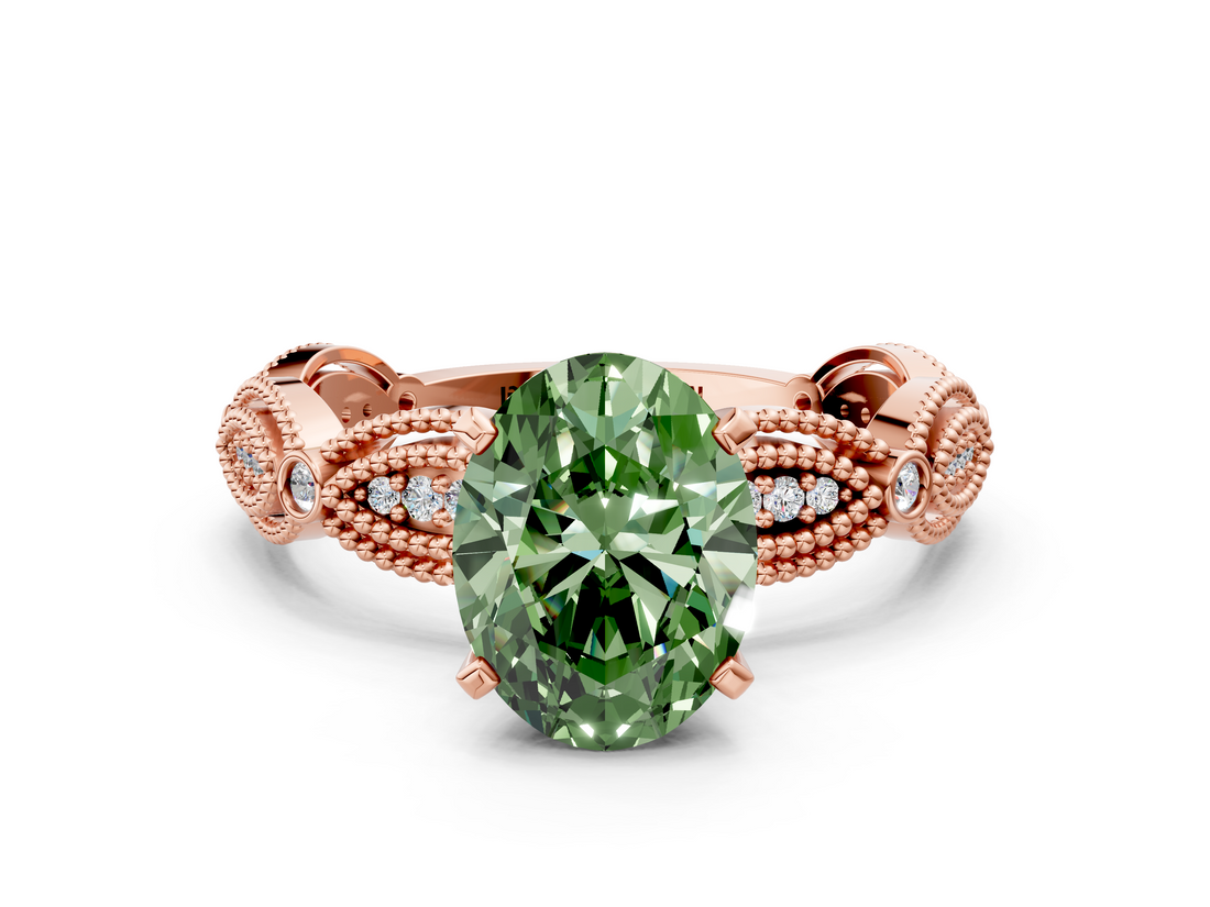 Rose gold Fancy Green Oval  Solitaire Milgrain Diamond Engagement Ring with Bezel and Marquise Band_148