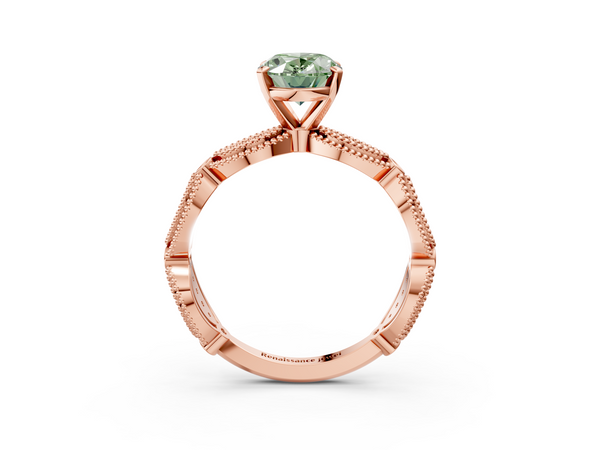 Rose gold Fancy Green Oval  Solitaire Milgrain Diamond Engagement Ring with Bezel and Marquise Band