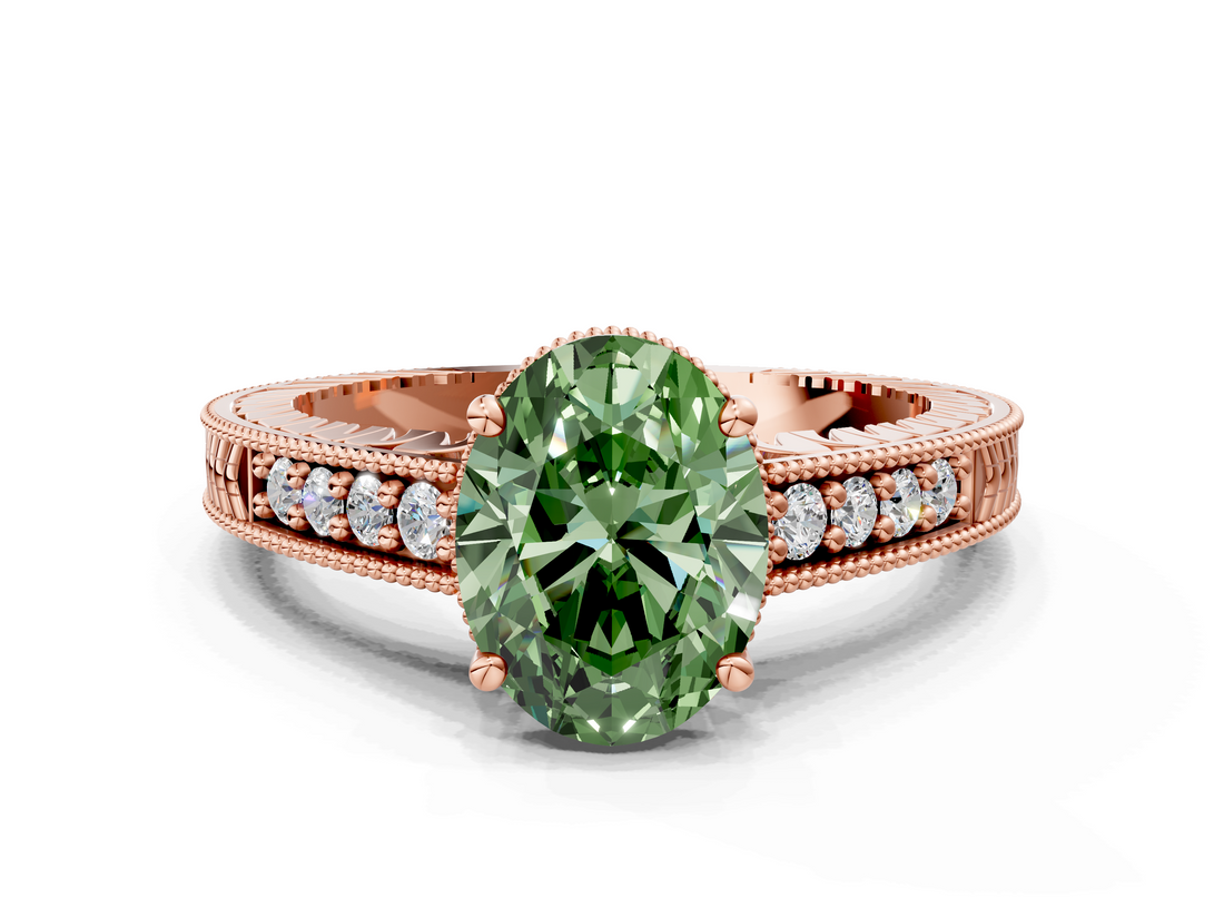 Rose gold Fancy Green Oval  Solitaire Pavé Diamond Milgrain Engagement Ring with Four-Prong Setting_3