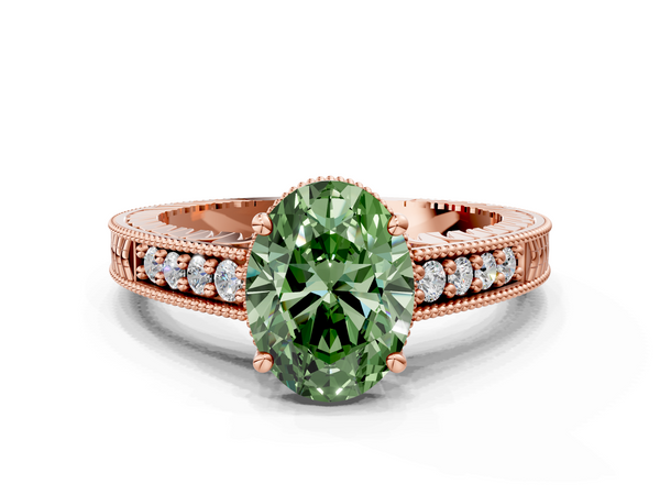 Rose gold Fancy Green Oval  Solitaire Pavé Diamond Milgrain Engagement Ring with Four-Prong Setting