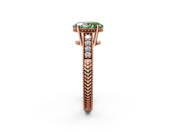 Rose gold Fancy Green Oval  Solitaire Pavé Diamond Milgrain Engagement Ring with Four-Prong Setting