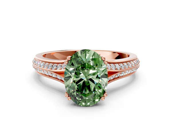 Rose gold Fancy Green Oval Cut Diamond Split Shank Engagement Ring with Pavé Band