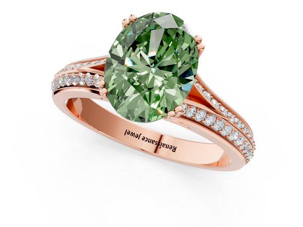 Rose gold Fancy Green Oval Cut Diamond Split Shank Engagement Ring with Pavé Band