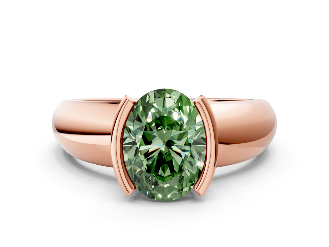 Rose gold Fancy Green Oval  Solitaire Tension Set Diamond Ring with Wide Band_20