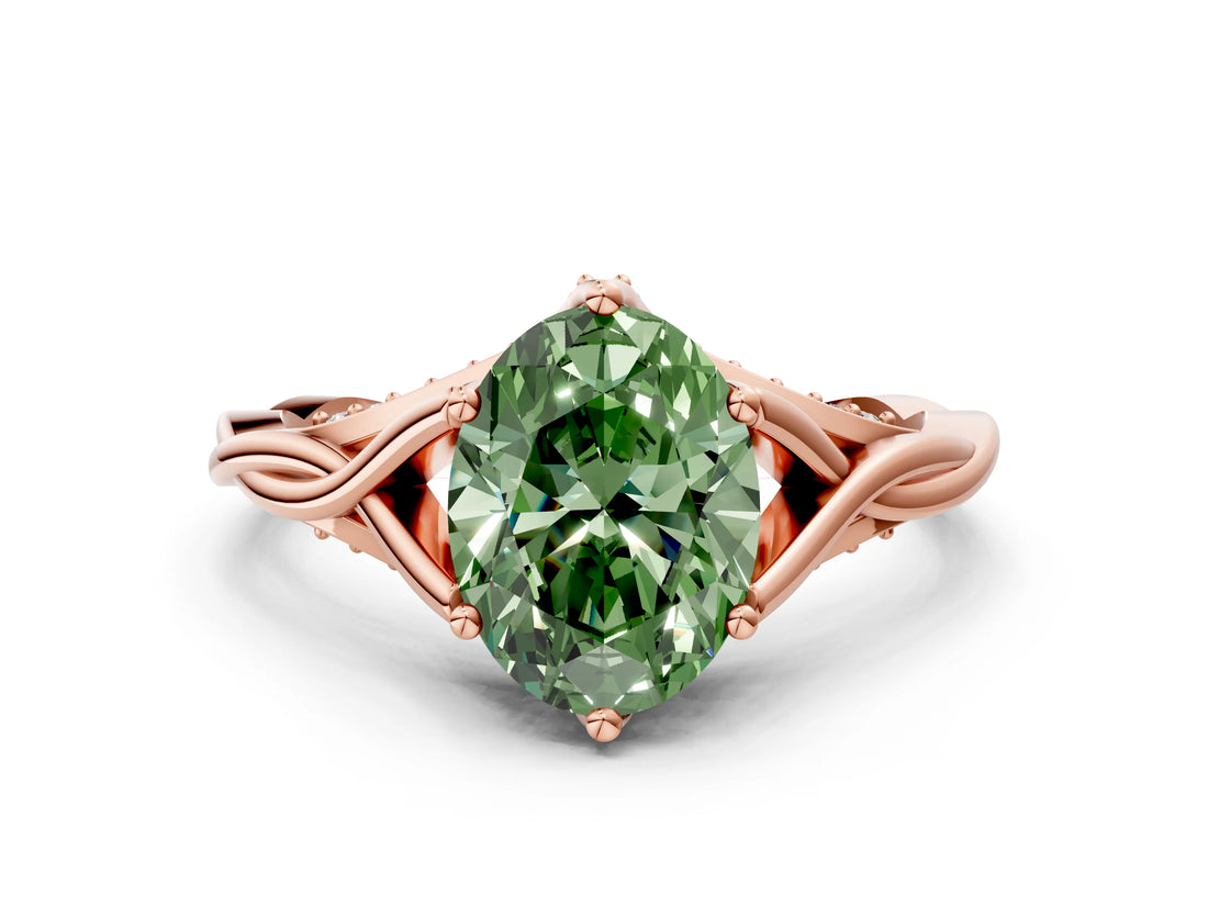 Rose gold Fancy Green Oval  Solitaire Twist Band Six-Prong Setting