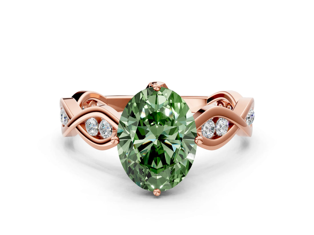 Rose gold Fancy Green Oval  Solitaire Twist Band with Leaf Prong Setting