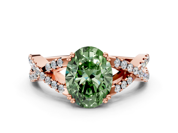 Rose gold Fancy Green Oval Cut Diamond Solitaire Ring with Four-Prong Setting and Twisted Pavé Band