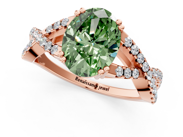 Rose gold Fancy Green Oval Cut Diamond Solitaire Ring with Four-Prong Setting and Twisted Pavé Band