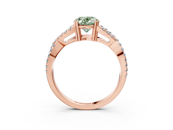 Rose gold Fancy Green Oval Cut Diamond Solitaire Ring with Four-Prong Setting and Twisted Pavé Band