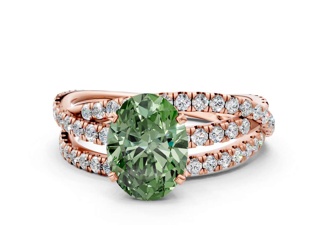 Rose gold Fancy Green Oval  Solitaire Twist Band with Pavé Setting and Four-Prong Setting_76