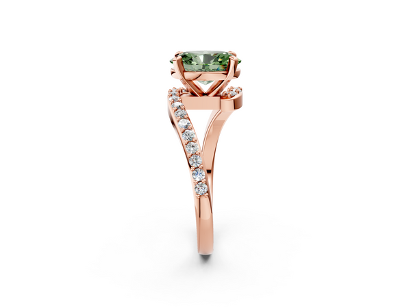 Rose gold Fancy Green Oval  Solitaire Twist Band with Pave Set Diamonds and Four-Prong Setting