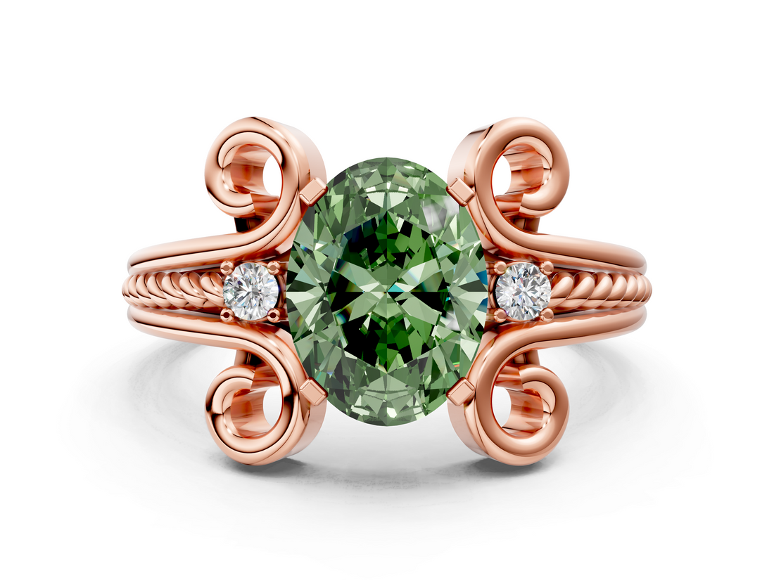 Rose gold Fancy Green Oval  Solitaire Twisted Band Scroll Prong Ring_3