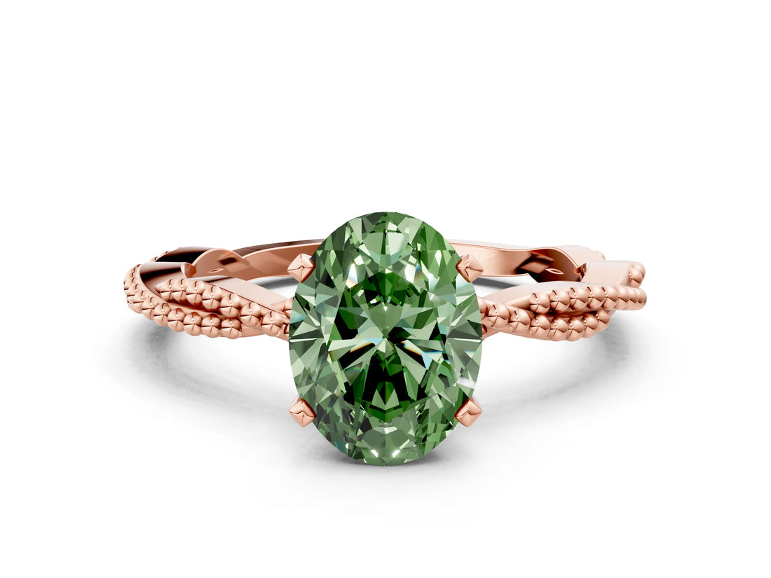 Rose gold Fancy Green Oval  Solitaire Twisted Band with Bead Prong Setting_390