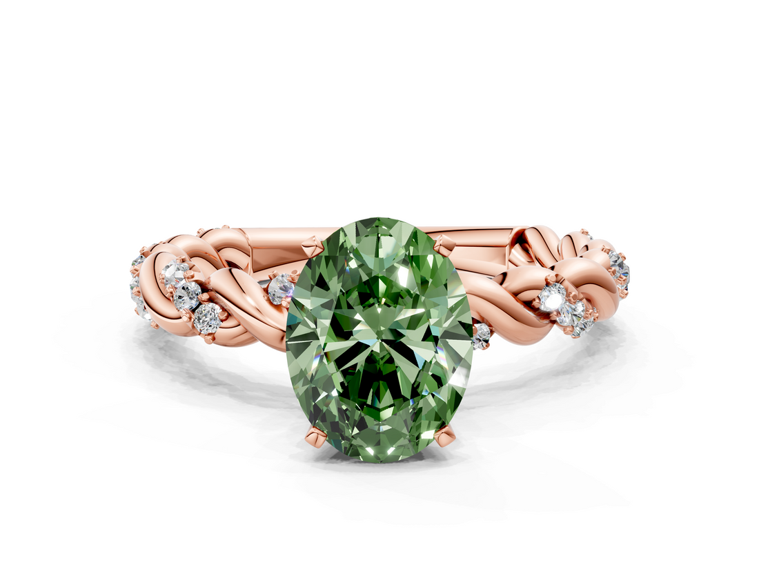 Rose gold Fancy Green Oval  Solitaire Twisted Band with Pavé Accents and Four-Prong Setting_3
