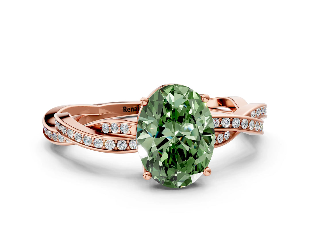 Rose gold Fancy Green Oval  Solitaire Twisted Pave Diamond Ring with Four-Prong Setting_12