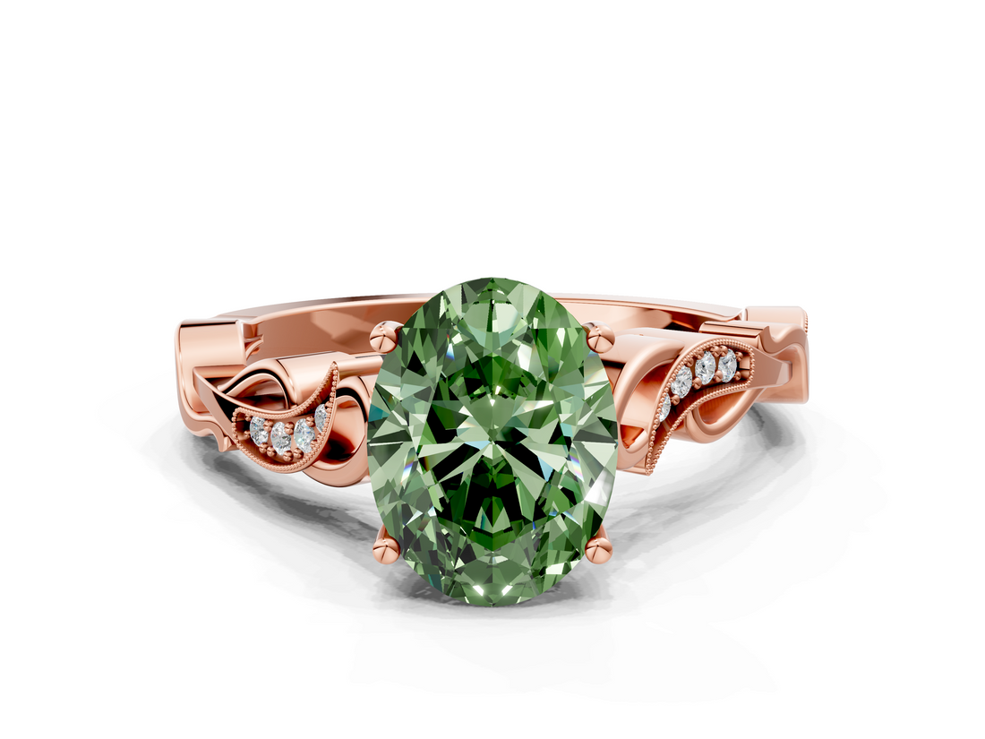 Rose gold Fancy Green Oval  Solitaire Vine Band with Milgrain Prong Setting_3