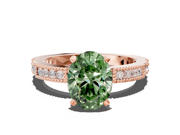Rose gold Fancy Green Oval  Solitaire with Pavé Band and Four-Prong Setting