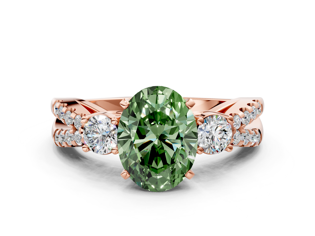 Rose gold Fancy Green Oval  Three-Stone Diamond Ring with Pavé Split Shank and Four-Prong Setting_93