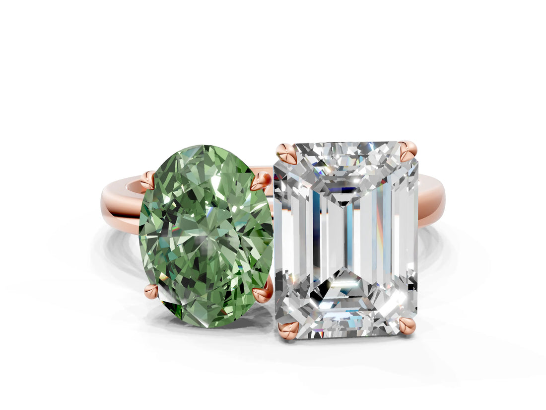Rose gold Fancy Green Oval  and Emerald Cut Toi Moi Ring with Prong Setting_63