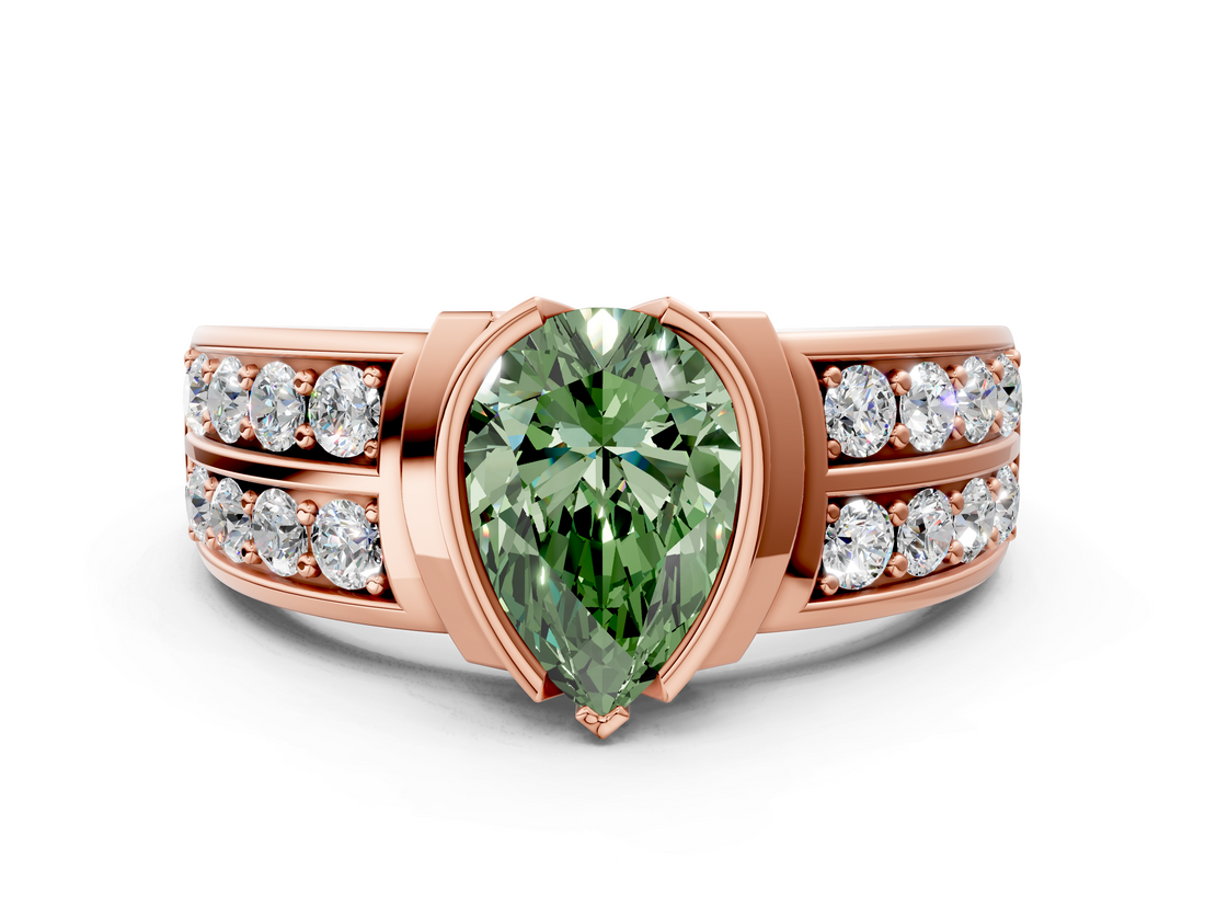 Rose gold Fancy Green Pear  Brilliant Diamond Channel Set Wide Band Ring with Bezel Setting_20