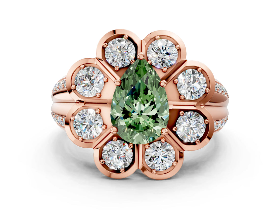 Rose gold Fancy Green Pear  Brilliant Flower Halo Diamond Split Shank Ring_21