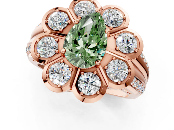 Rose gold Fancy Green Pear  Brilliant Flower Halo Diamond Split Shank Ring