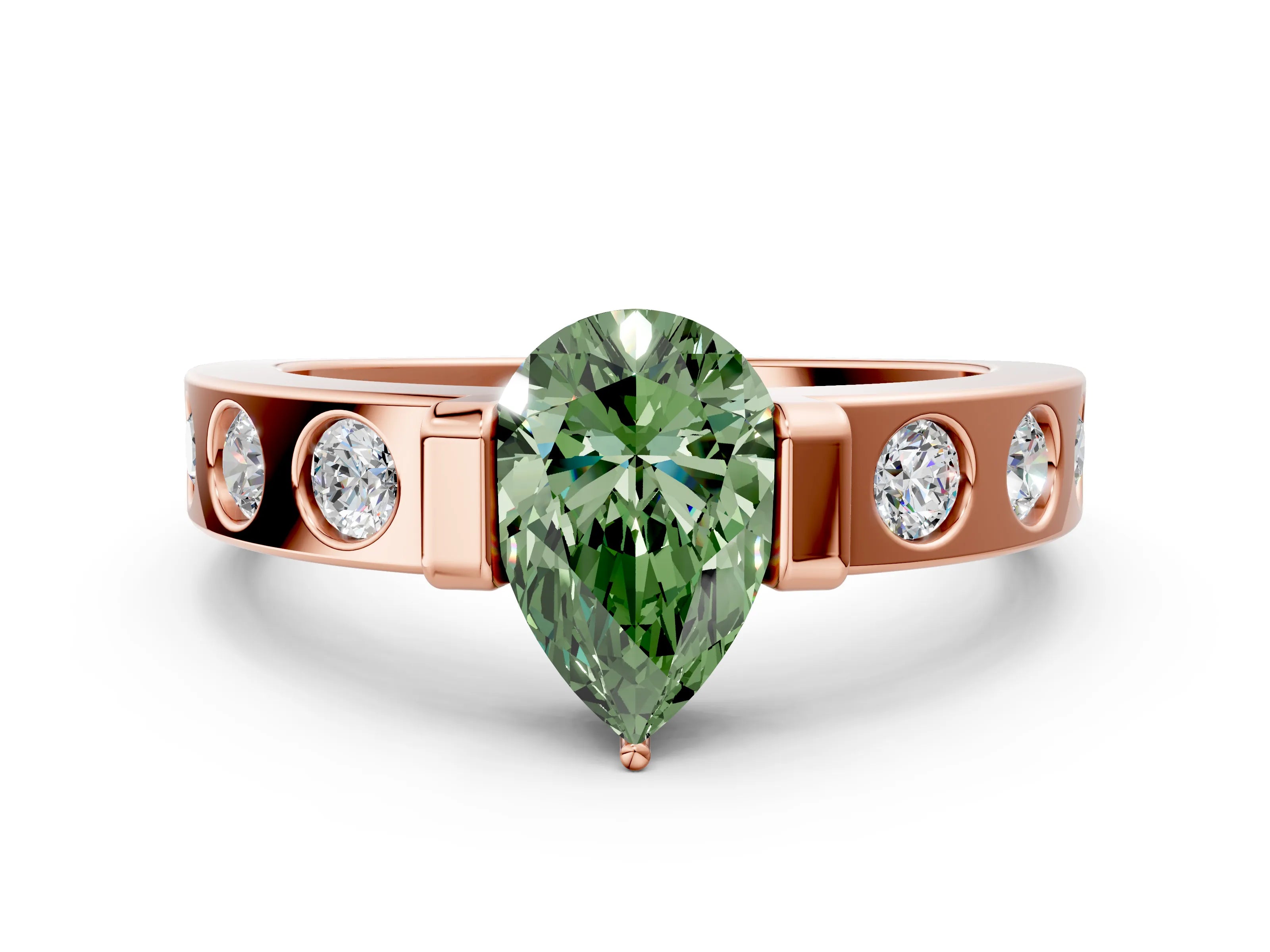 Rose gold Fancy Green Pear Cut Brilliant Channel-Set Diamond Ring with Bezel Prong Setting