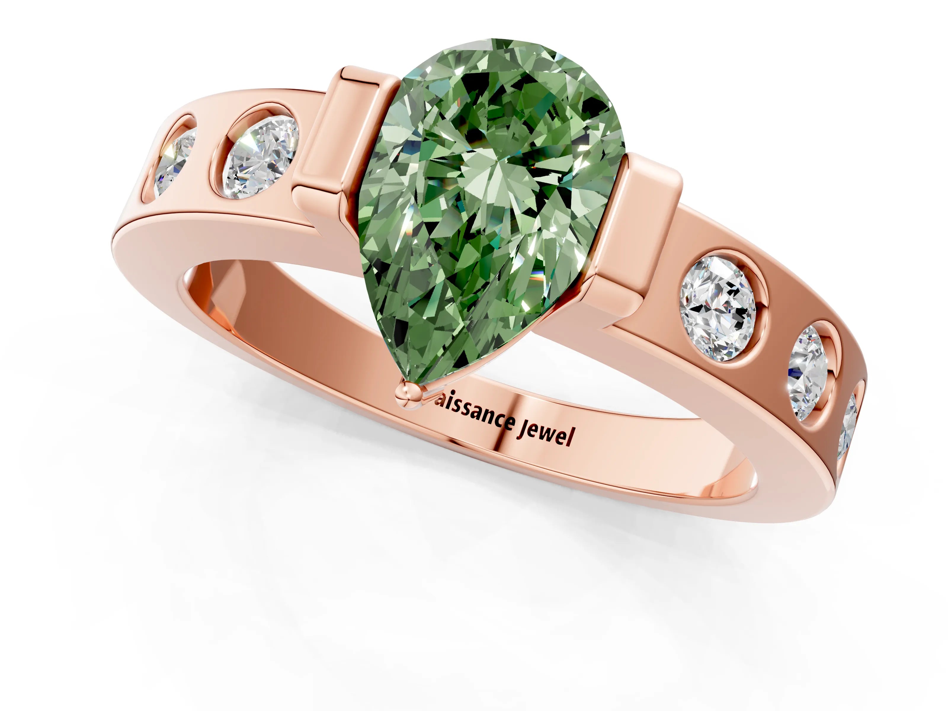 Rose gold Fancy Green Pear Cut Brilliant Channel-Set Diamond Ring with Bezel Prong Setting_1