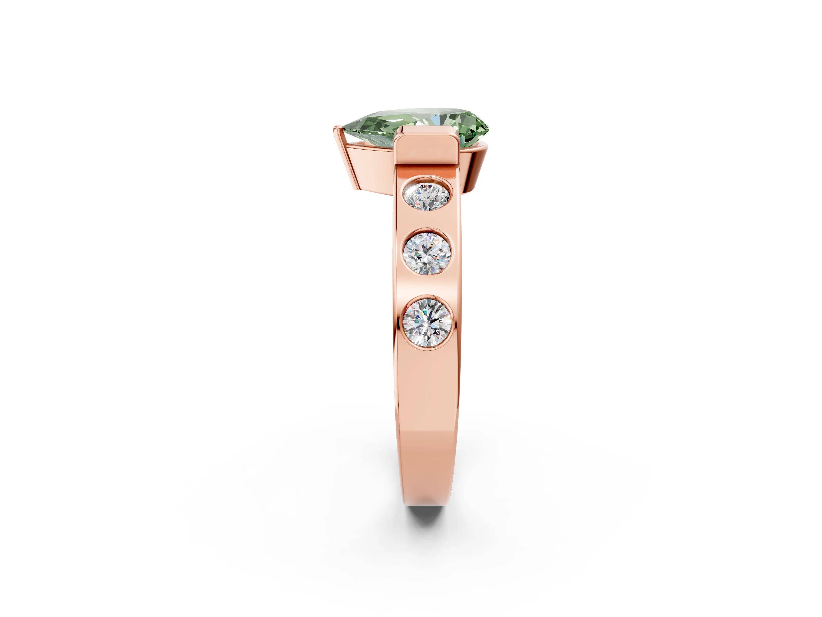 Rose gold Fancy Green Pear Cut Brilliant Channel-Set Diamond Ring with Bezel Prong Setting_2