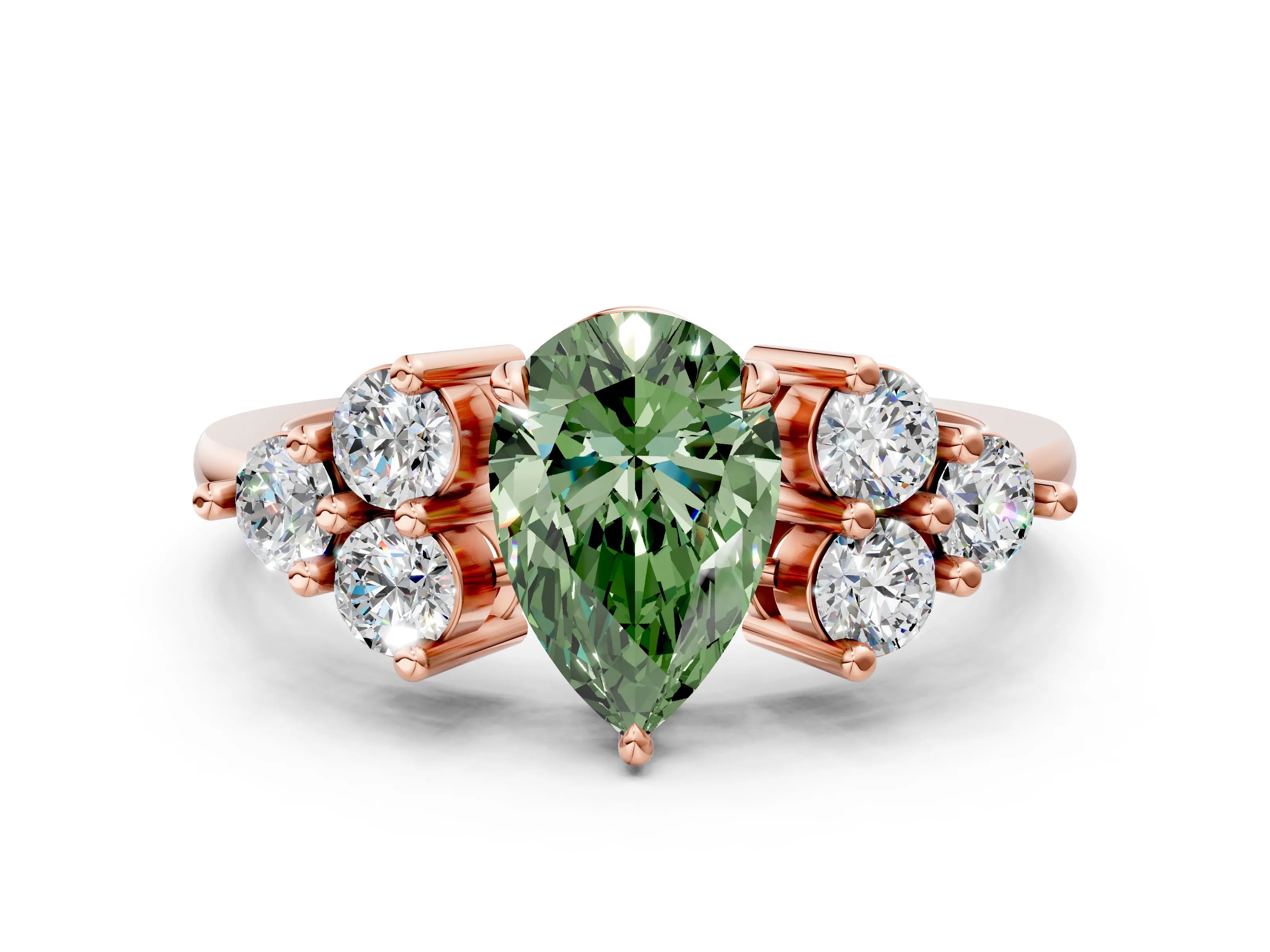 Rose gold Fancy Green Pear Cut Brilliant Diamond Cluster Accent Solitaire Ring with Prong Setting