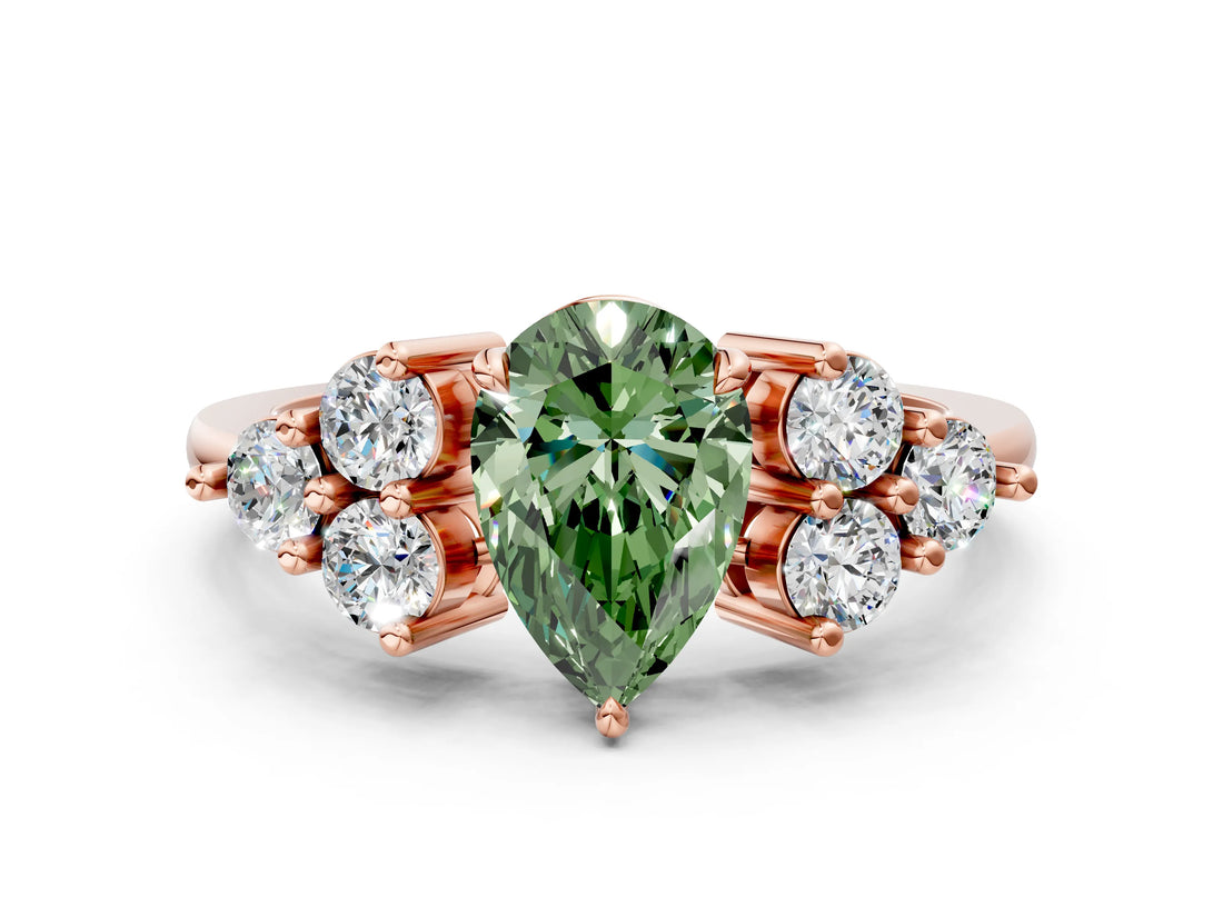 Rose gold Fancy Green Pear Cut Brilliant Diamond Cluster Accent Solitaire Ring with Prong Setting