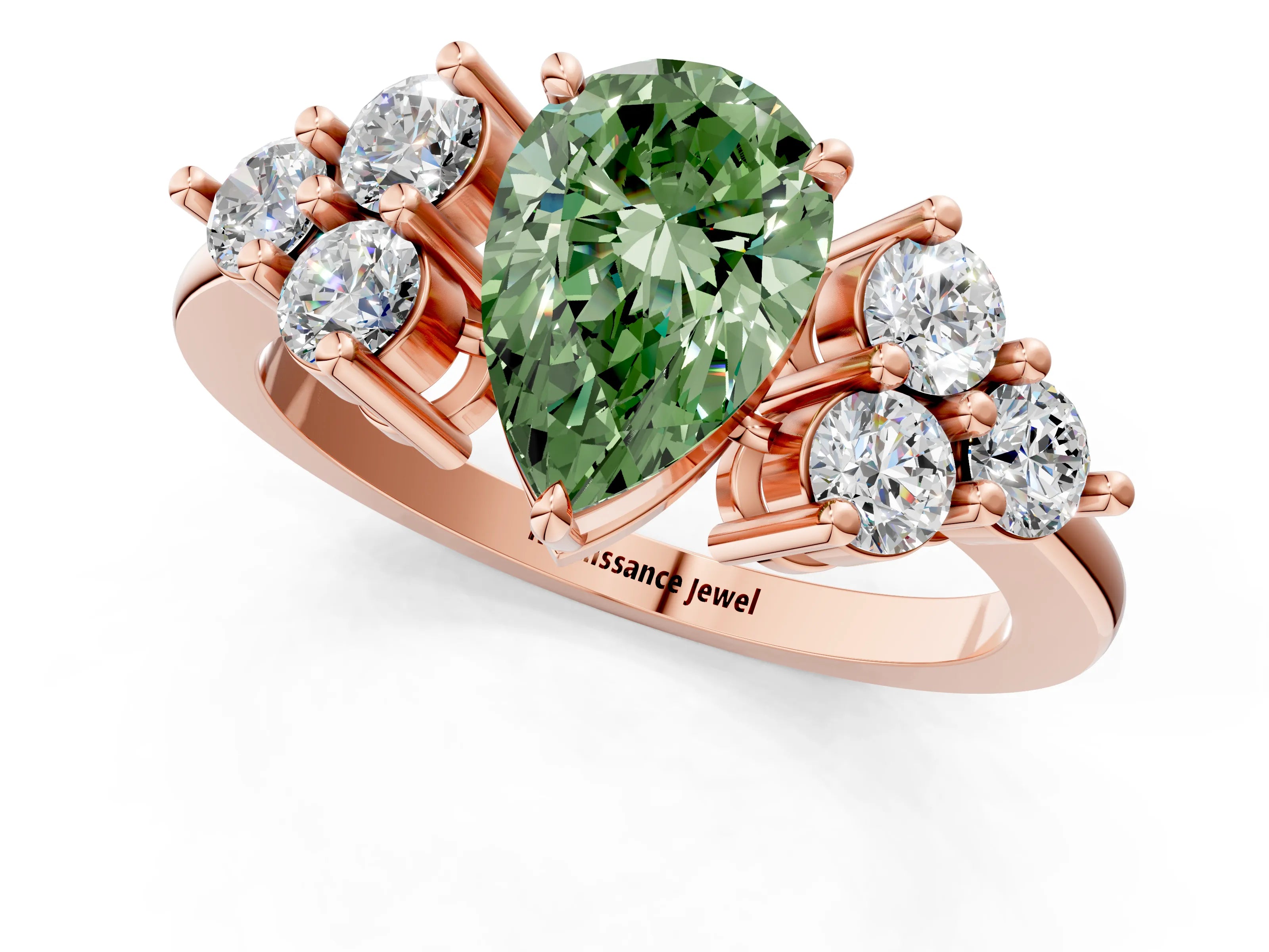 Rose gold Fancy Green Pear Cut Brilliant Diamond Cluster Accent Solitaire Ring with Prong Setting_1