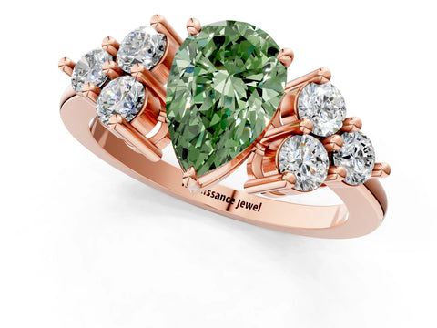 Rose gold Fancy Green Pear Cut Brilliant Diamond Cluster Accent Solitaire Ring with Prong Setting_1