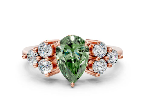 Rose gold Fancy Green Pear Cut Brilliant Diamond Cluster Accent Solitaire Ring with Prong Setting