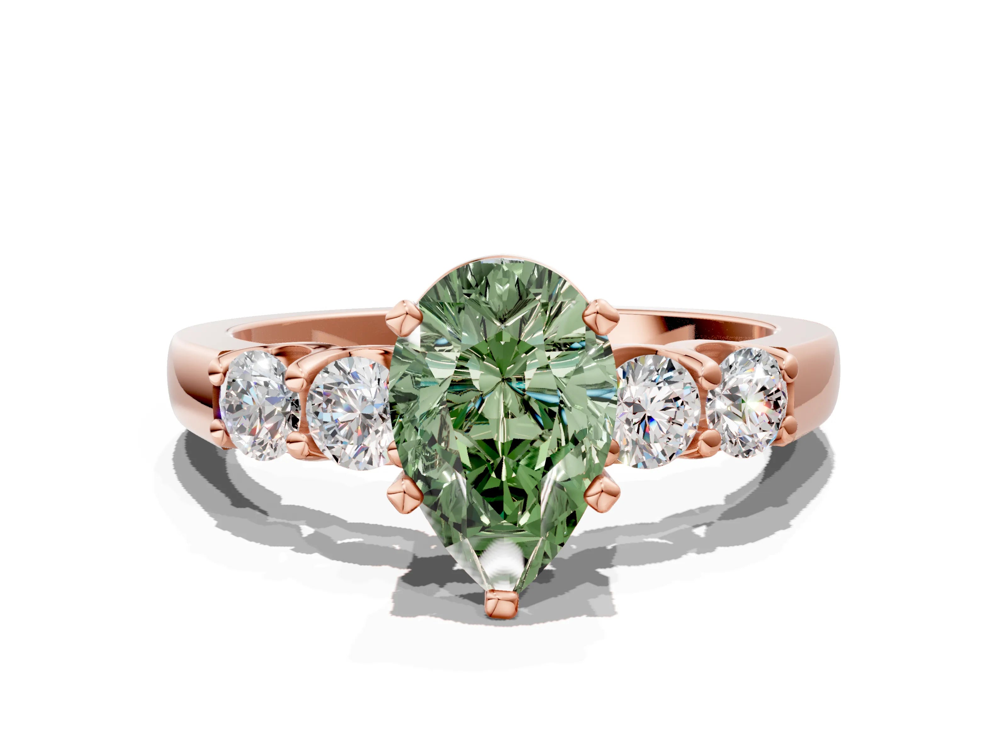 Rose gold Fancy Green Pear Cut Brilliant Diamond Five-Stone Engagement Ring with Prong Setting on a Classic Band_3