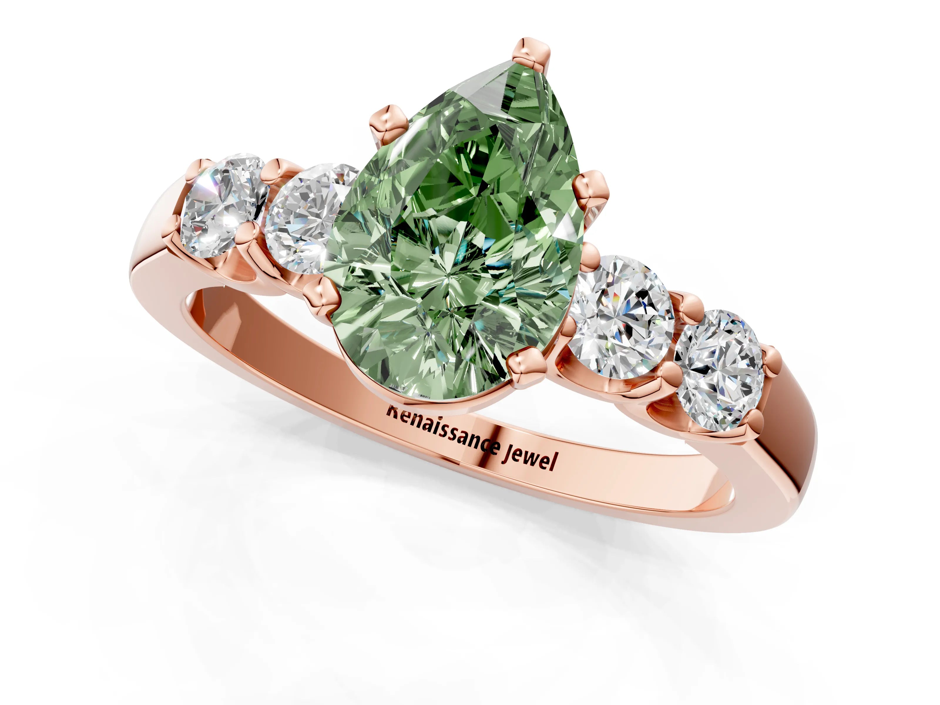 Rose gold Fancy Green Pear Cut Brilliant Diamond Five-Stone Engagement Ring with Prong Setting on a Classic Band_4