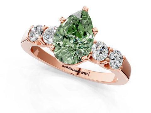 Rose gold Fancy Green Pear Cut Brilliant Diamond Five-Stone Engagement Ring with Prong Setting on a Classic Band_4